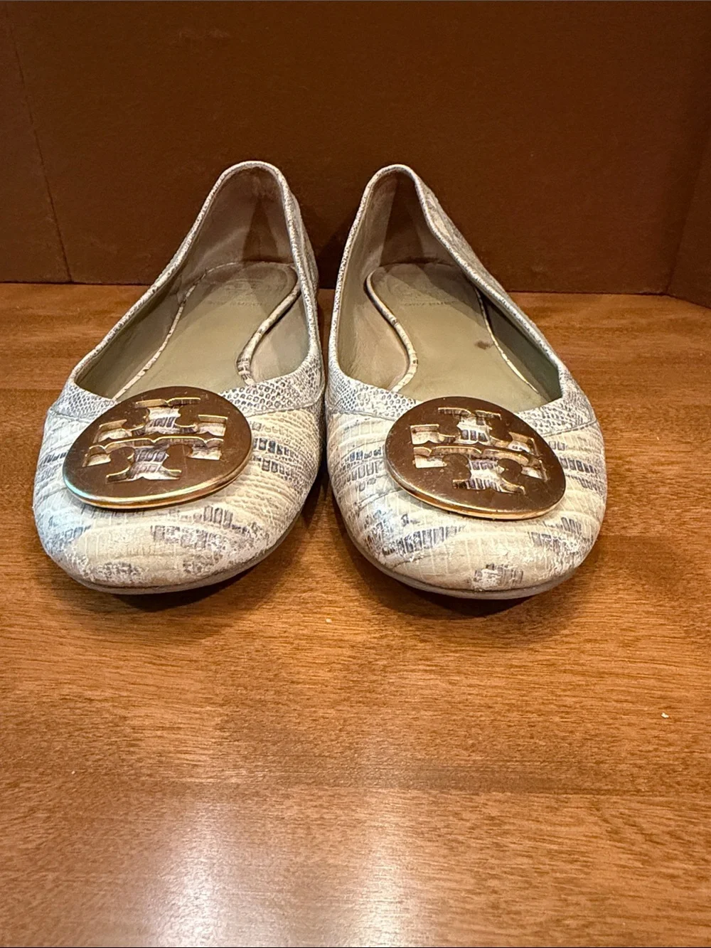Tory Burch Light Neutral Patterned Logo Ballet Flats with Gold Medallions